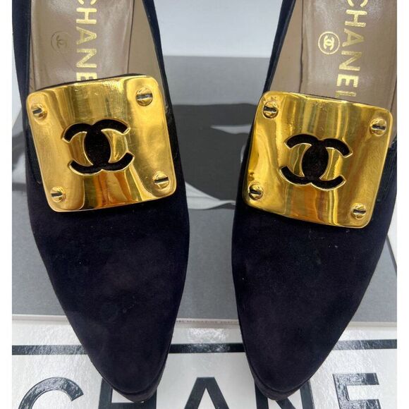 CHANEL Shoes - Rare Vintage CHANEL Black Suede Gold Tone CC Logo Platform Pumps Size EU37.5